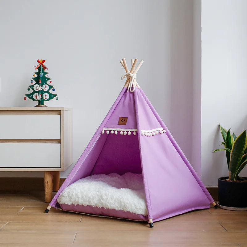 Portable Dog Teepee Tent Indoor,Dog Tent Bed with Thick Cushion,Washable Cat Teepee Tent, Warm Soft ,Indoor Canvas Pet Supplies