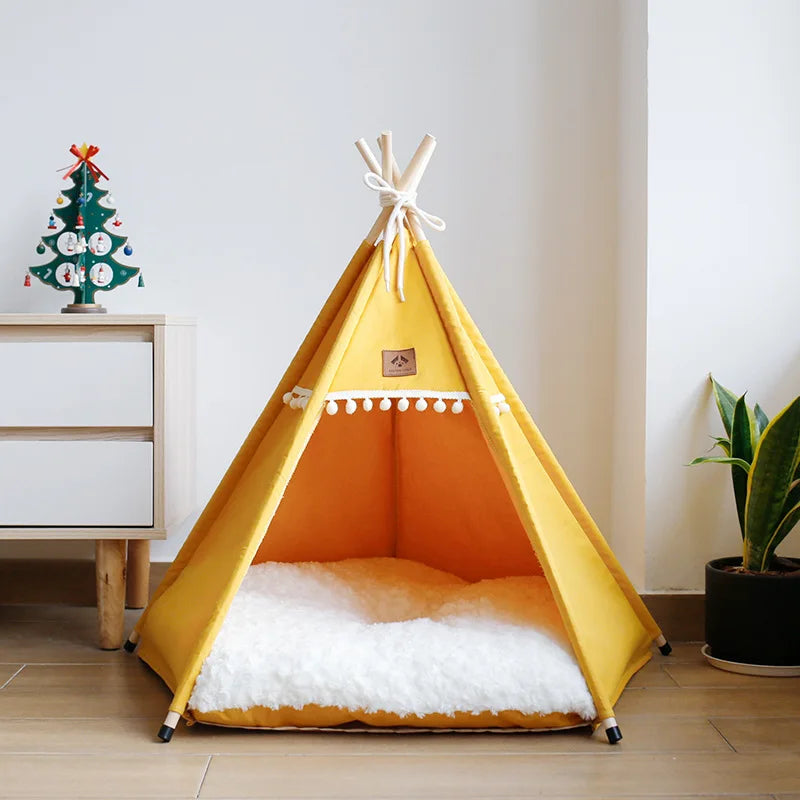 Portable Dog Teepee Tent Indoor,Dog Tent Bed with Thick Cushion,Washable Cat Teepee Tent, Warm Soft ,Indoor Canvas Pet Supplies