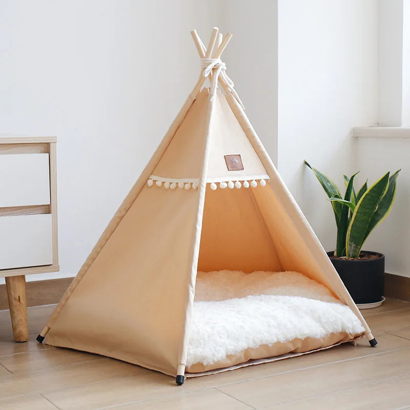 Portable Dog Teepee Tent Indoor,Dog Tent Bed with Thick Cushion,Washable Cat Teepee Tent, Warm Soft ,Indoor Canvas Pet Supplies