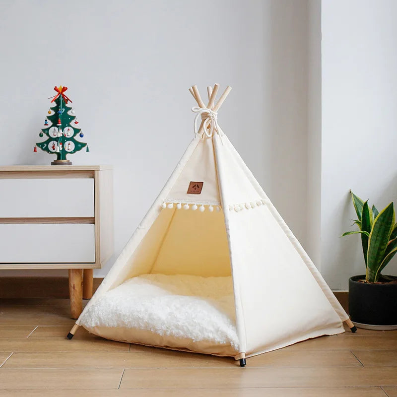 Portable Dog Teepee Tent Indoor,Dog Tent Bed with Thick Cushion,Washable Cat Teepee Tent, Warm Soft ,Indoor Canvas Pet Supplies