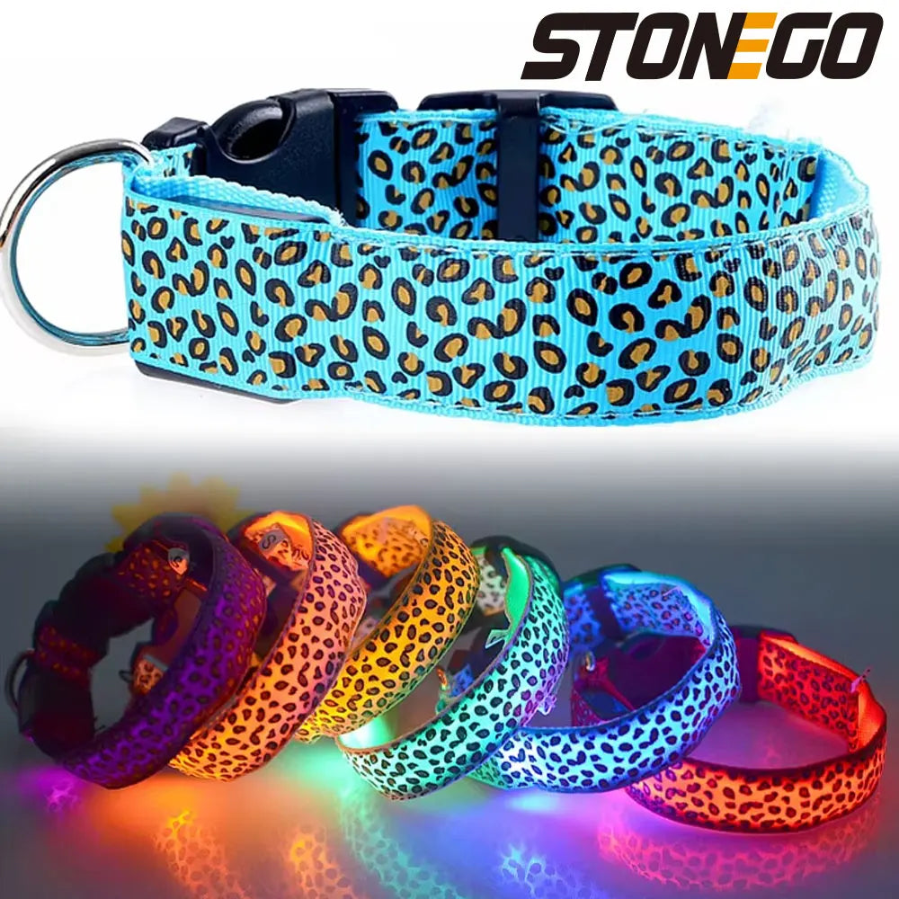 Leopard LED Dog Collar Luminous Adjustable Glowing Collar For Dogs Pet Night Safety Nylon Collar Luminous LED Bright Dog Collar