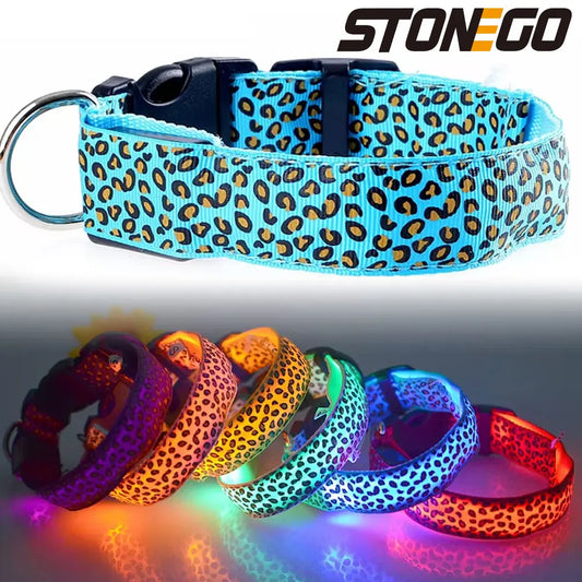 Leopard LED Dog Collar Luminous Adjustable Glowing Collar For Dogs Pet Night Safety Nylon Collar Luminous LED Bright Dog Collar