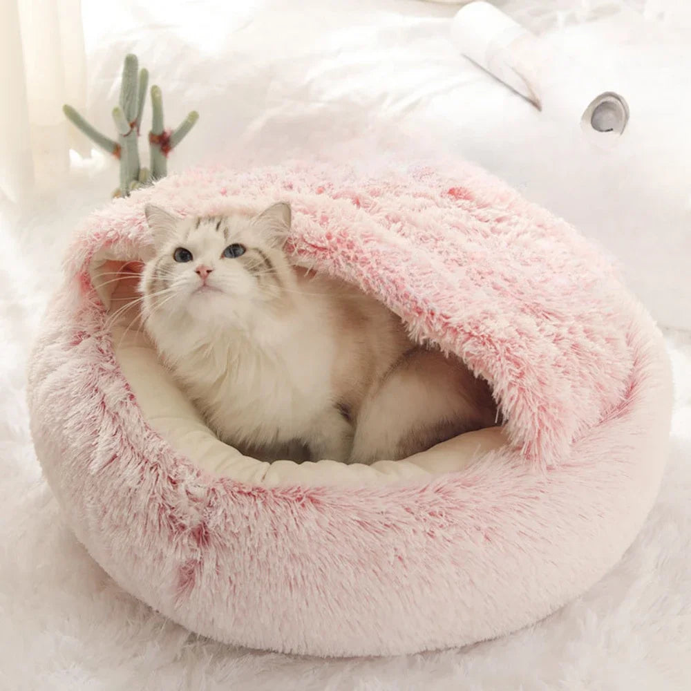 Cat Beds Simple Comfort Warm Puppy Sleeping Nest 2 in 1 Warms Long Soft Plush Round Cats Cushion Semi Enclosed Pet Sleep Bags