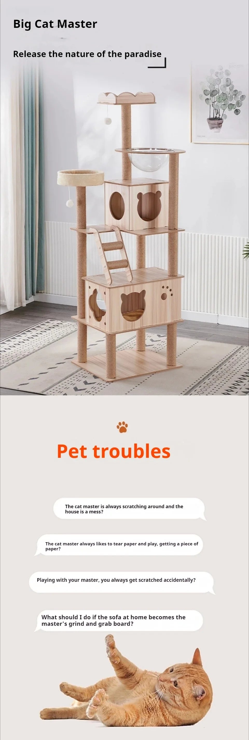 Multi-Layer Cat Climbing Frame Tower Wooden House Grinding Paws Cat Tree Sisal Rope With Scratching Board For Pet Furniture