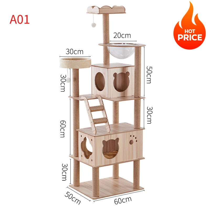 Multi-Layer Cat Climbing Frame Tower Wooden House Grinding Paws Cat Tree Sisal Rope With Scratching Board For Pet Furniture