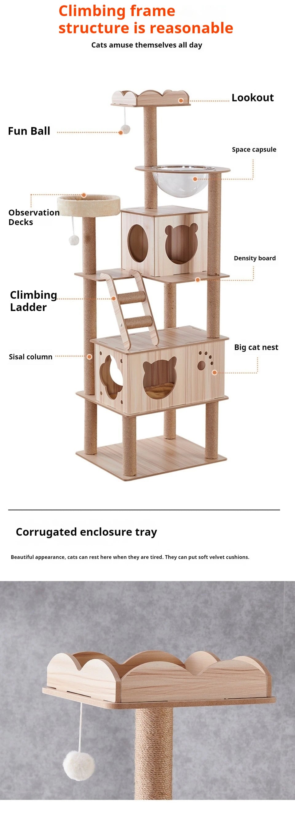 Multi-Layer Cat Climbing Frame Tower Wooden House Grinding Paws Cat Tree Sisal Rope With Scratching Board For Pet Furniture