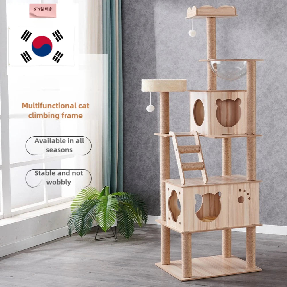Multi-Layer Cat Climbing Frame Tower Wooden House Grinding Paws Cat Tree Sisal Rope With Scratching Board For Pet Furniture