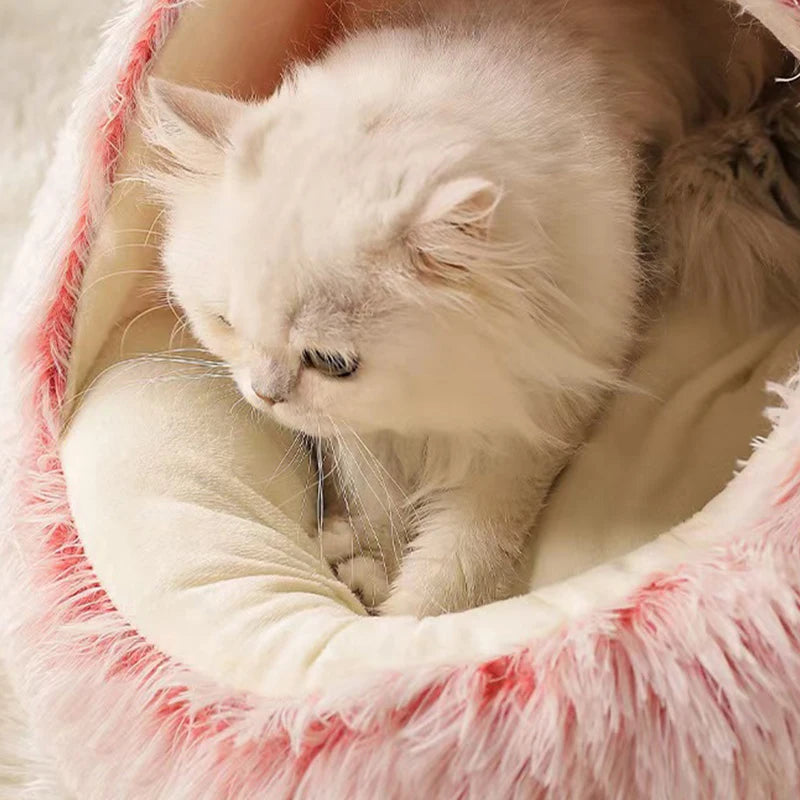 Round Cat Cushion Semi Enclosed Pet Sleep Bags Long Soft Plush 2 in 1 Warms Cats Beds Simple Comfort Warm Puppy Sleeping Nest
