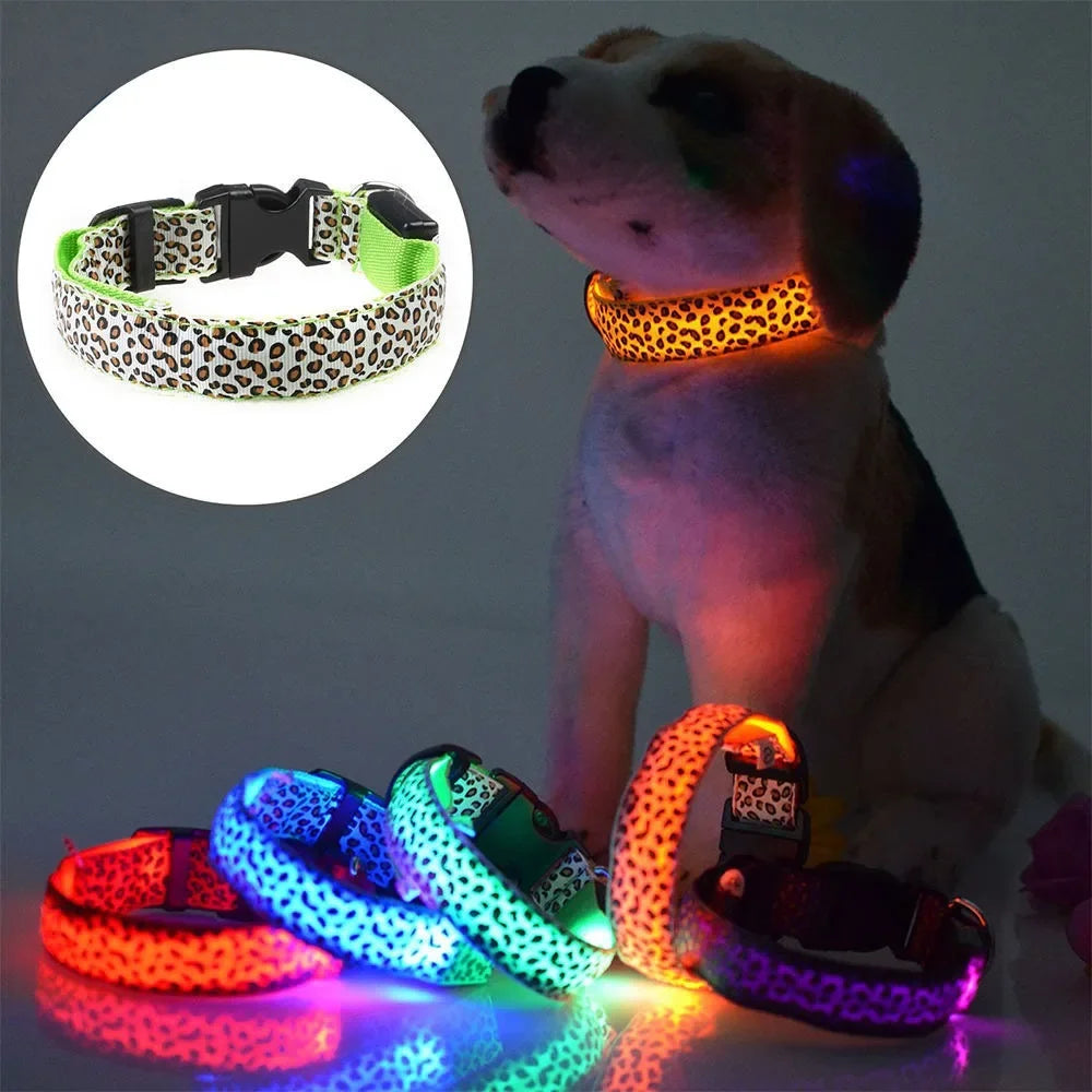 Leopard LED Dog Collar Luminous Adjustable Glowing Collar For Dogs Pet Night Safety Nylon Collar Luminous LED Bright Dog Collar
