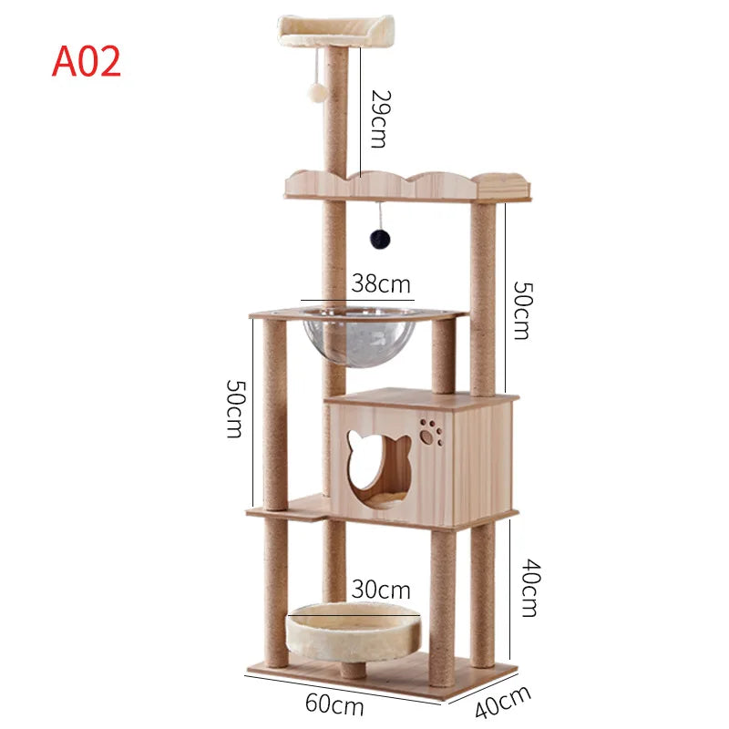 Multi-Layer Cat Climbing Frame Tower Wooden House Grinding Paws Cat Tree Sisal Rope With Scratching Board For Pet Furniture