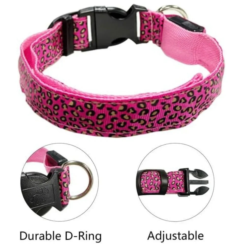 Leopard LED Dog Collar Luminous Adjustable Glowing Collar For Dogs Pet Night Safety Nylon Collar Luminous LED Bright Dog Collar