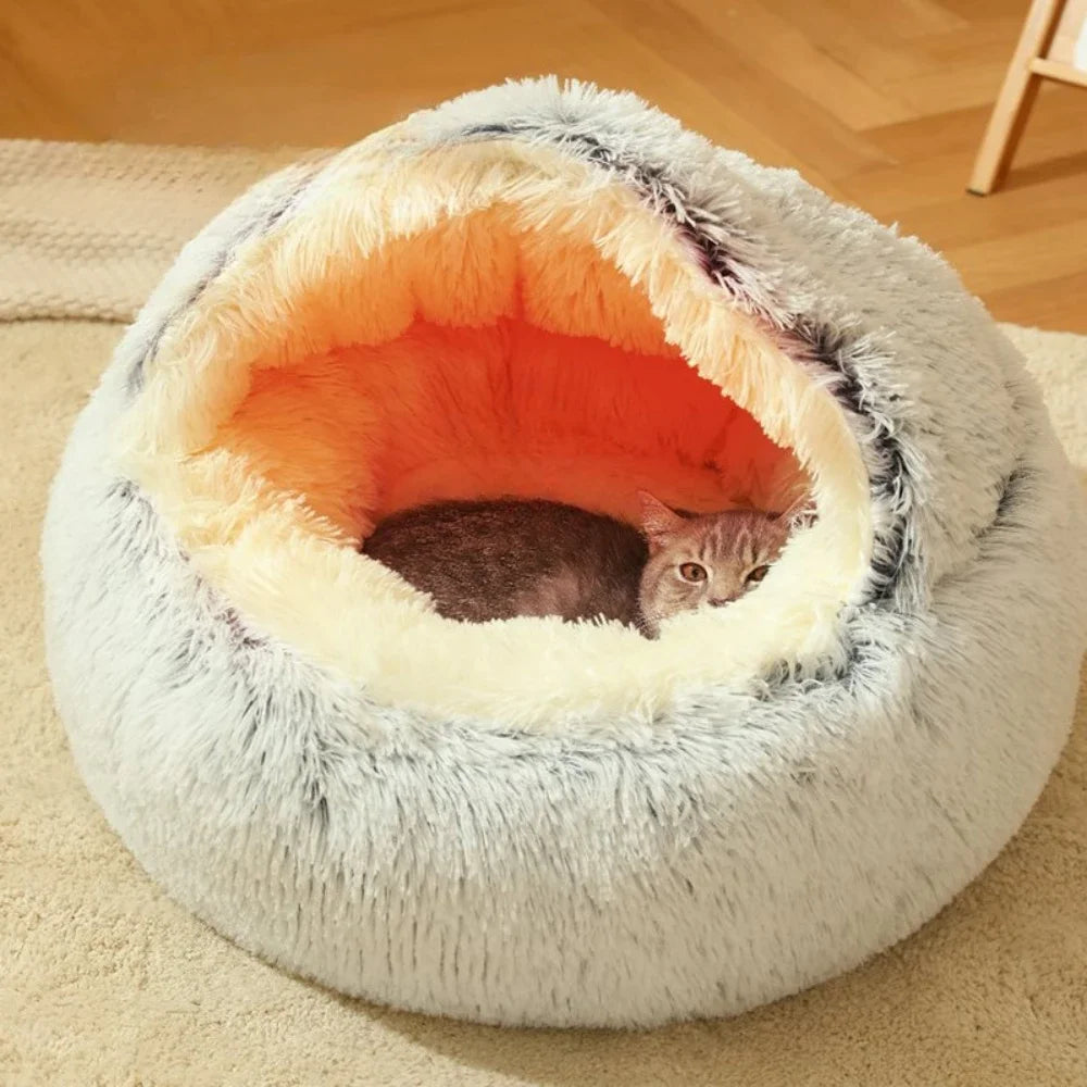 Cat Beds Simple Comfort Warm Puppy Sleeping Nest 2 in 1 Warms Long Soft Plush Round Cats Cushion Semi Enclosed Pet Sleep Bags