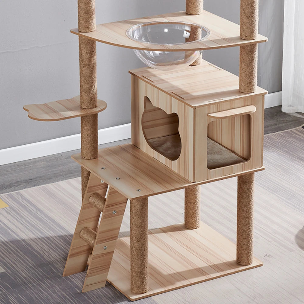 Multi-Layer Cat Climbing Frame Tower Wooden House Grinding Paws Cat Tree Sisal Rope With Scratching Board For Pet Furniture