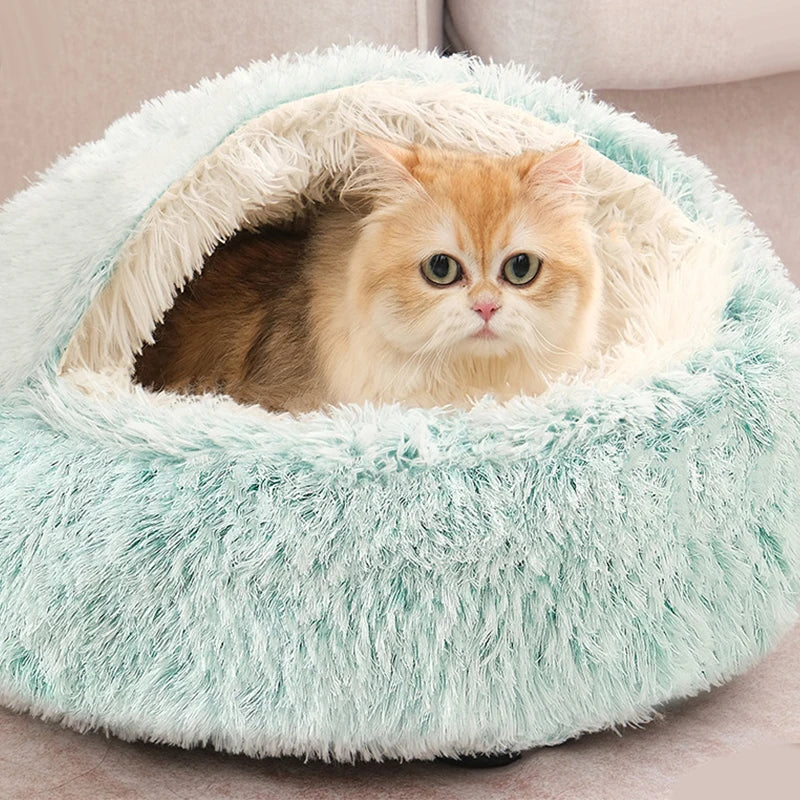 Round Cat Cushion Semi Enclosed Pet Sleep Bags Long Soft Plush 2 in 1 Warms Cats Beds Simple Comfort Warm Puppy Sleeping Nest