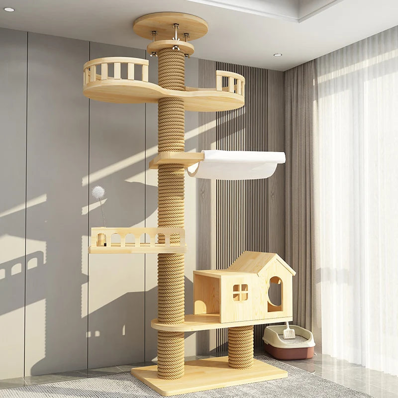 YXT Cats Tree Floor Solid Wooden Cat Tree House Climbing Pets Furniture Adjustable Kitten Trees Tower Multilayer Cat Climbing Fr