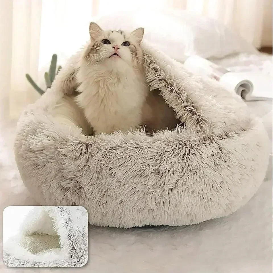 Cat Beds Simple Comfort Warm Puppy Sleeping Nest 2 in 1 Warms Long Soft Plush Round Cats Cushion Semi Enclosed Pet Sleep Bags