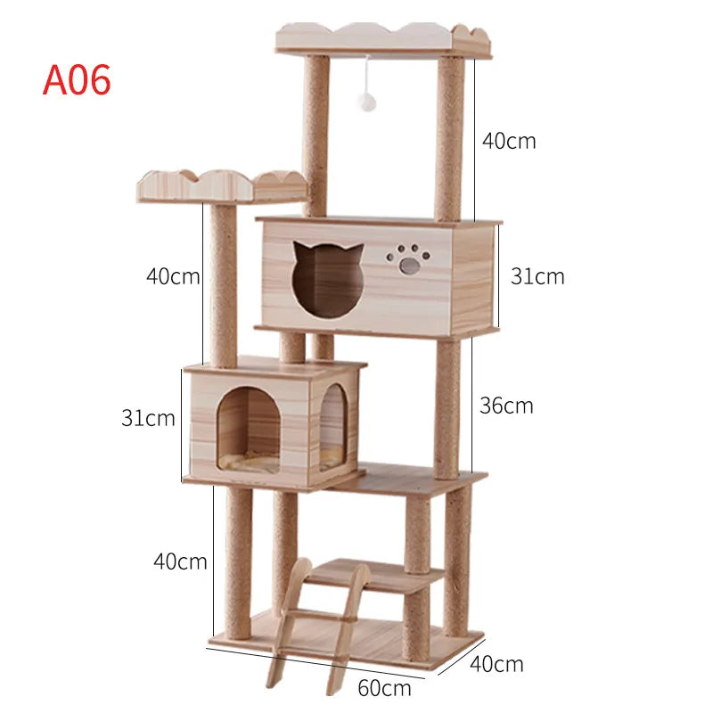 Multi-Layer Cat Climbing Frame Tower Wooden House Grinding Paws Cat Tree Sisal Rope With Scratching Board For Pet Furniture