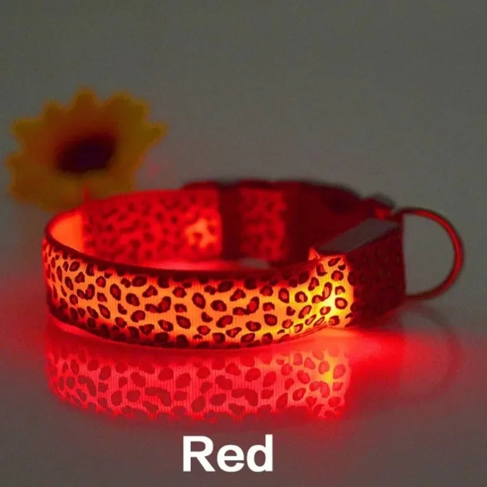 Leopard LED Dog Collar Luminous Adjustable Glowing Collar For Dogs Pet Night Safety Nylon Collar Luminous LED Bright Dog Collar