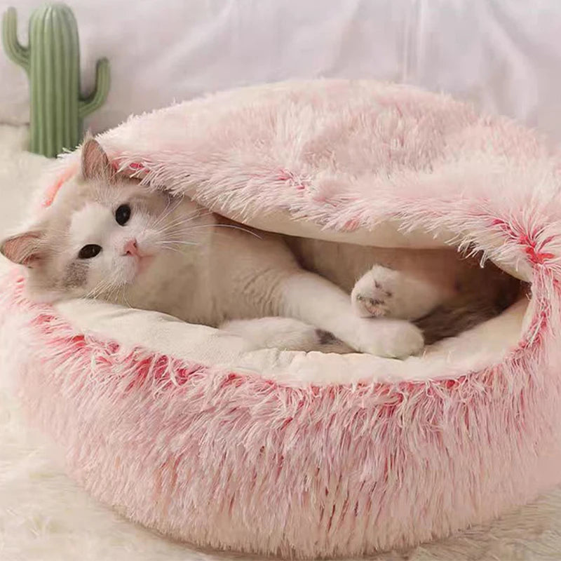 Round Cat Cushion Semi Enclosed Pet Sleep Bags Long Soft Plush 2 in 1 Warms Cats Beds Simple Comfort Warm Puppy Sleeping Nest