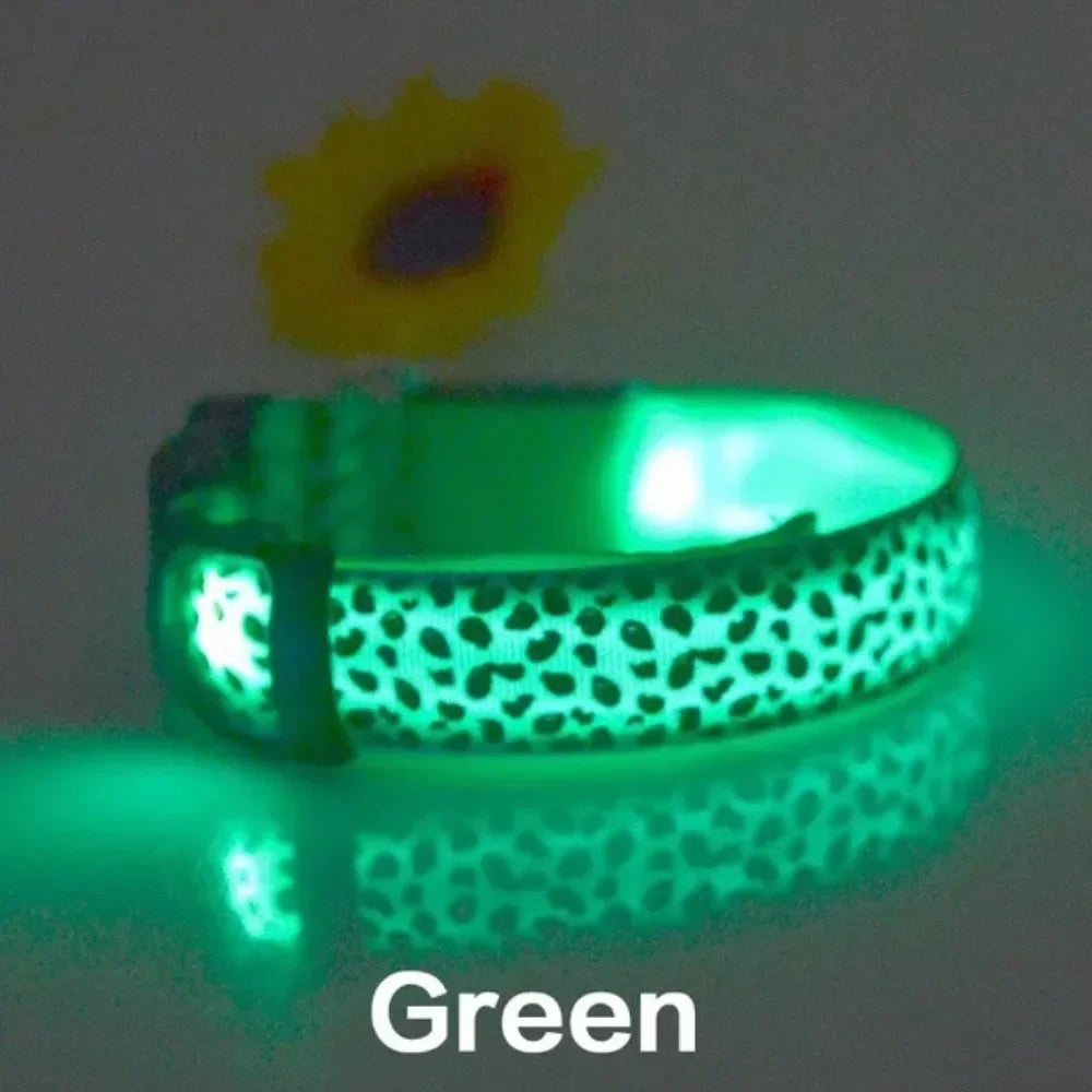 Leopard LED Dog Collar Luminous Adjustable Glowing Collar For Dogs Pet Night Safety Nylon Collar Luminous LED Bright Dog Collar