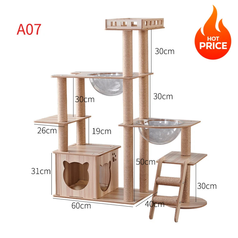 Multi-Layer Cat Climbing Frame Tower Wooden House Grinding Paws Cat Tree Sisal Rope With Scratching Board For Pet Furniture