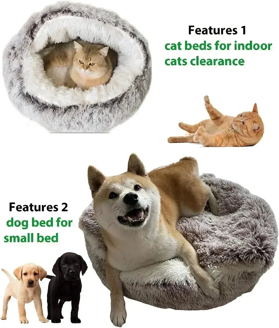 Cat Beds Simple Comfort Warm Puppy Sleeping Nest 2 in 1 Warms Long Soft Plush Round Cats Cushion Semi Enclosed Pet Sleep Bags